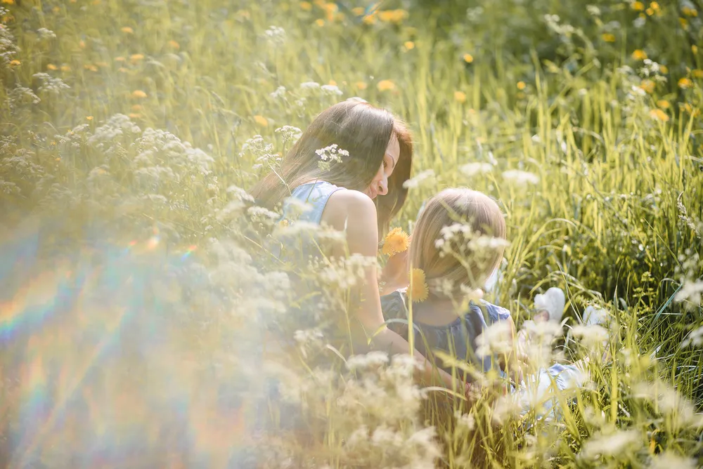 Woman and child in a sunlit field of tall grass and wildflowers, sitting closely, engaged in a quiet moment together.